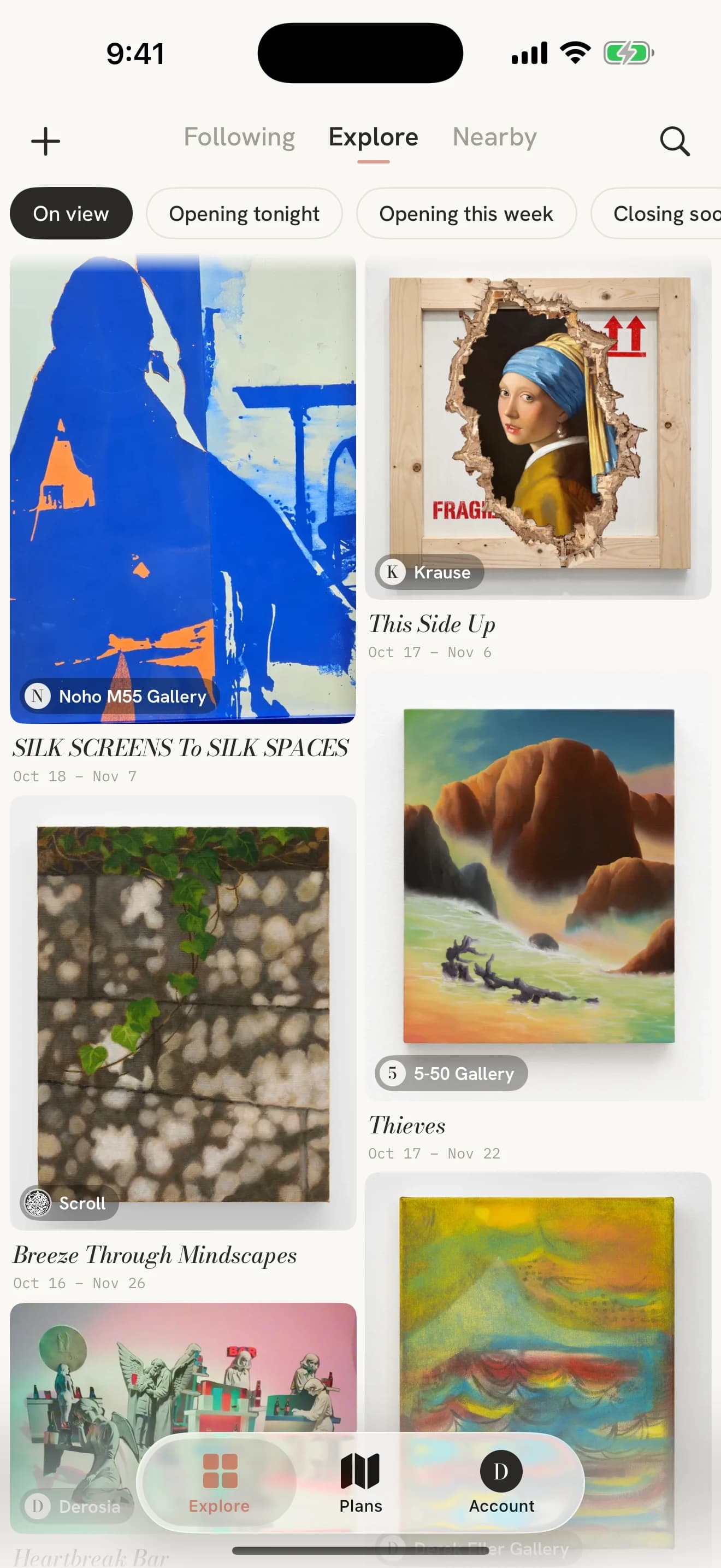 Gallie's Explore feed with real exhibition artwork, gallery names and dates.